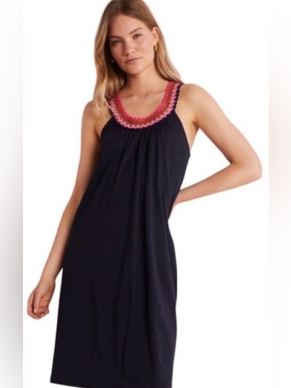 14 Lk New Boden Navy Dress with Pink and Olive Crochet Trim Cover-up Sundress lg